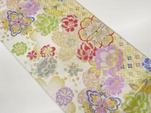 花菱七宝に花々模様織出し袋帯